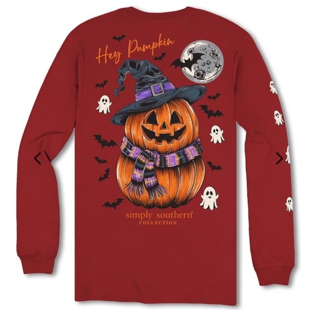 New Simply Southern Long Sleeve "HEY PUMPKIN" Tee T-Shirt Maroon Ghosts Hat XL